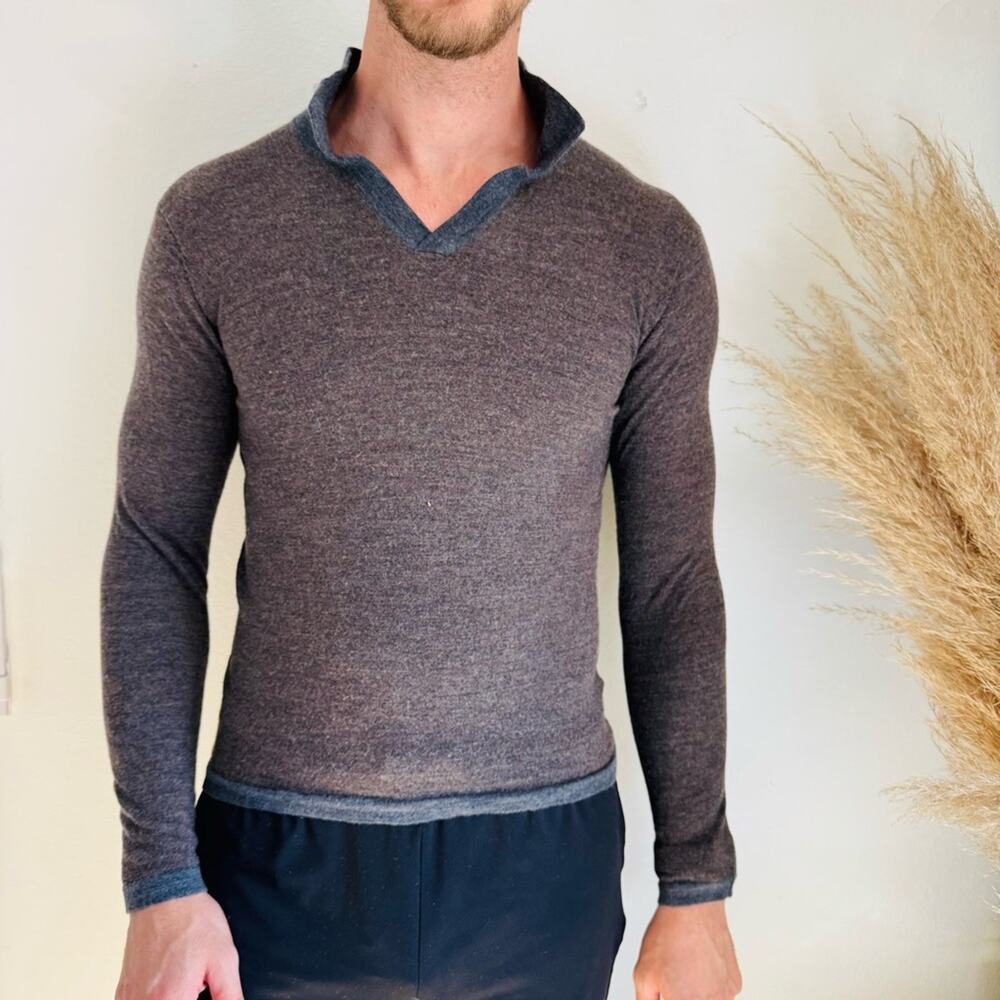 MENS ROBERT BARAKETT Brown Navy Blue Open Collar Knit $195 Sweater Shirt Top S